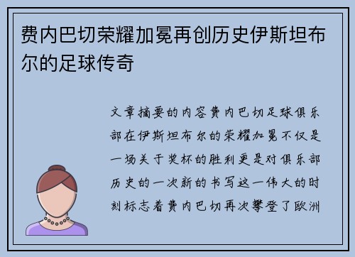 费内巴切荣耀加冕再创历史伊斯坦布尔的足球传奇