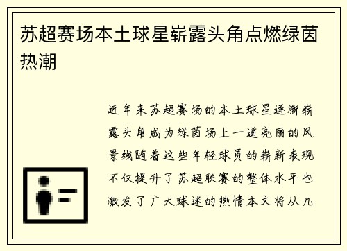 苏超赛场本土球星崭露头角点燃绿茵热潮
